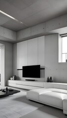 Fototapeta premium High end modern living room with white leather couch and a large flat screen tv mounted on the wall, brutalist architecture mixed with modern futuristic minimal design