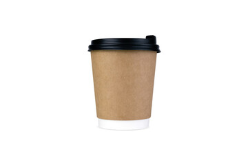 A disposable paper cup with coffee or tea isolated on a white background. Coffee to go.