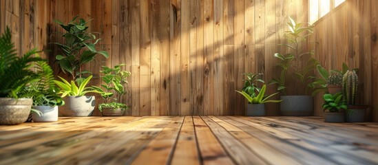 A sleek and modern room with a beautiful wooden floor and a striking wooden accent wall, exuding warmth and sophistication in high quality design