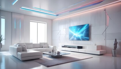 High end modern living room with white leather couch and a large flat screen tv mounted on the wall, brutalist architecture mixed with modern futuristic minimal design