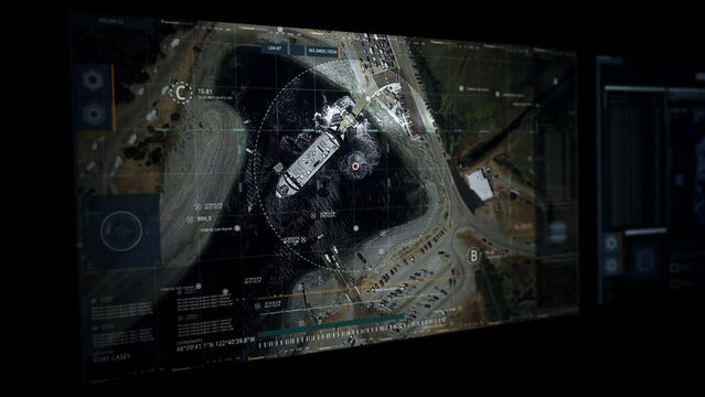 Modern Security Software Interface Tracking Terrorists On Ship Docked At Harbor. Terrorism Tracking System Sends Security Surveillance Drones. Satellite Tracking Network For Security Against Terrorism