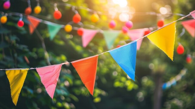 Cute, colorful, party garland with decorative festive flags triangular shape in a park.