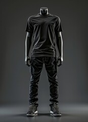 Male mannequin in a black t-shirt and jeans