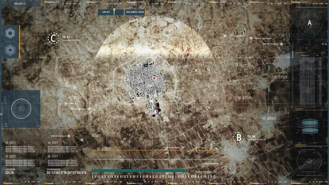 Satellite security drone analyzing the designated area. Satellite security drone flying above the last known location of a target. Satellite security drone detecting the radius of the enemy position.
