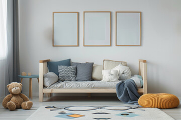 Kids room in pastel colors with toys, bed, scandinavian decor and 3 framed posters on the wall, scandinavian minimalistic design