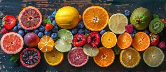 A delightful mix of juicy and ripe fruits sliced and arranged on a rustic wooden table, creating a visually appealing and appetizing display