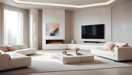 High end modern living room with white leather couch and a large flat screen tv mounted on the wall, brutalist architecture mixed with modern futuristic minimal design