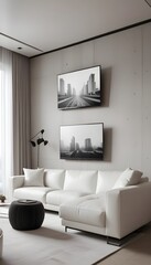 High end modern living room with white leather couch and a large flat screen tv mounted on the wall, brutalist architecture mixed with modern futuristic minimal design