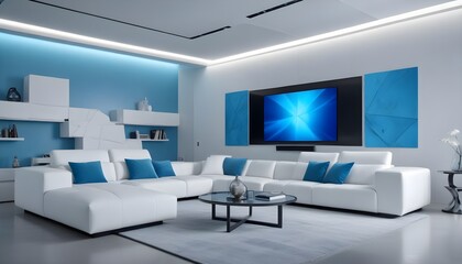 High end modern living room with white leather couch and a large flat screen tv mounted on the wall, brutalist architecture mixed with modern futuristic minimal design