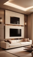 High end modern living room with white leather couch and a large flat screen tv mounted on the wall, brutalist architecture mixed with modern futuristic minimal design