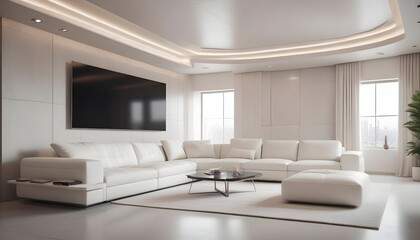 High end modern living room with white leather couch and a large flat screen tv mounted on the wall, brutalist architecture mixed with modern futuristic minimal design