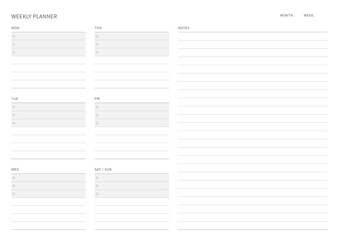 A weekly plan design template in a modern, simple, and minimalist style. Note, scheduler, diary, calendar, planner document template illustration.