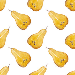 Ripe pear halves. Watercolor yellow fruits. Sweet healthy dessert. Summer illustration. Seamless pattern for your design. White background
