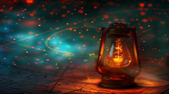 Glowing lamp with scientific and mathematical formulas, science and education theme