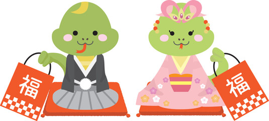 お正月に福袋を持って着物を着た雄と雌のヘビのイラスト