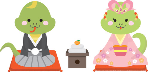 お正月に着物を着た雄と雌のヘビのイラスト