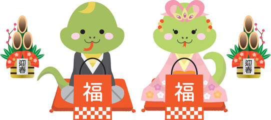 お正月に福袋を持って着物を着た雄と雌のヘビのイラスト
