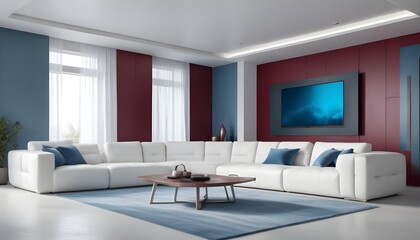 Fototapeta premium High end modern living room with white leather couch and a large flat screen tv mounted on the wall, brutalist architecture mixed with modern futuristic minimal design