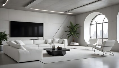 High end modern living room with white leather couch and a large flat screen tv mounted on the wall, brutalist architecture mixed with modern futuristic minimal design