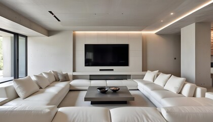 High end modern living room with white leather couch and a large flat screen tv mounted on the wall, brutalist architecture mixed with modern futuristic minimal design