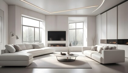 High end modern living room with white leather couch and a large flat screen tv mounted on the wall, brutalist architecture mixed with modern futuristic minimal design