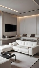High end modern living room with white leather couch and a large flat screen tv mounted on the wall, brutalist architecture mixed with modern futuristic minimal design