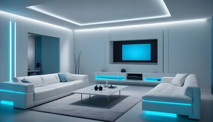 High end modern living room with white leather couch and a large flat screen tv mounted on the wall, brutalist architecture mixed with modern futuristic minimal design