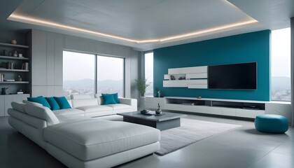 High end modern living room with white leather couch and a large flat screen tv mounted on the wall, brutalist architecture mixed with modern futuristic minimal design