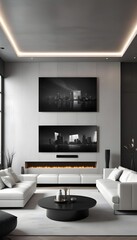 High end modern living room with white leather couch and a large flat screen tv mounted on the wall, brutalist architecture mixed with modern futuristic minimal design