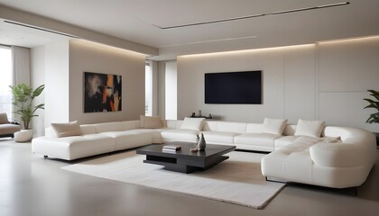 High end modern living room with white leather couch and a large flat screen tv mounted on the wall, brutalist architecture mixed with modern futuristic minimal design
