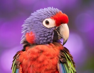 multicolored parrot with a detailed red beak against a soft-focus purple background, embodying the essence of tropical wildlife.