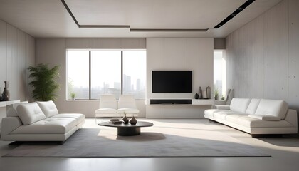 High end modern living room with white leather couch and a large flat screen tv mounted on the wall, brutalist architecture mixed with modern futuristic minimal design