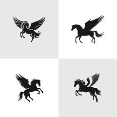 Set of Abstract Flying horse silhouette logo icons, with a white background for your company, the flying stallion and mare logo design ideas