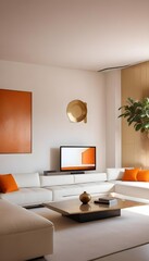Fototapeta premium High end modern living room with white leather couch and a large flat screen tv mounted on the wall, brutalist architecture mixed with modern futuristic minimal design