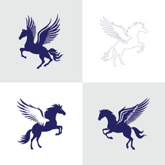 Set of Flying horses, stallions and mares silhouettes. Suitable for logo, emblem, pattern, typography etc. Isolated on white background. Vector illustration