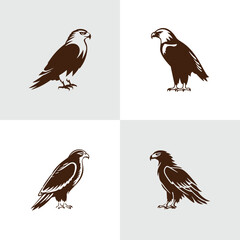 Set of sitting eagle or hawk silhouettes. Suitable for logo, emblem, pattern, typography etc. Isolated on white background. Vector illustration