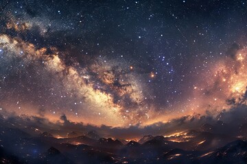 A panoramic view of the Milky Way galaxy, showcasing its vibrant colors, bright stars, and cosmic dust. Generative AI