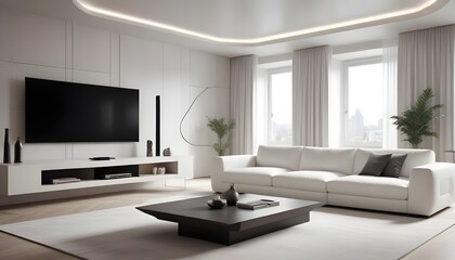 High end modern living room with white leather couch and a large flat screen tv mounted on the wall, brutalist architecture mixed with modern futuristic minimal design