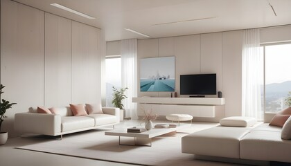 Fototapeta premium High end modern living room with white leather couch and a large flat screen tv mounted on the wall, brutalist architecture mixed with modern futuristic minimal design