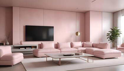 High end modern living room with white leather couch and a large flat screen tv mounted on the wall, brutalist architecture mixed with modern futuristic minimal design