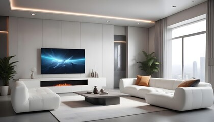 Fototapeta premium High end modern living room with white leather couch and a large flat screen tv mounted on the wall, brutalist architecture mixed with modern futuristic minimal design