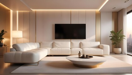 High end modern living room with white leather couch and a large flat screen tv mounted on the wall, brutalist architecture mixed with modern futuristic minimal design