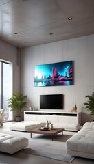 Fototapeta premium High end modern living room with white leather couch and a large flat screen tv mounted on the wall, brutalist architecture mixed with modern futuristic minimal design