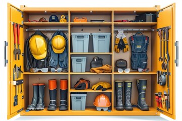 Firefighting tools arranged neatly in a row of cabinets