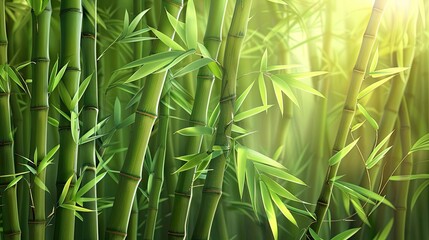 Vibrant green bamboo forest with sunlight filtering through the dense foliage, creating a serene and natural atmosphere.