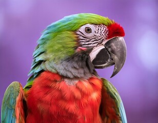 multicolored parrot with a detailed red beak against a soft-focus purple background, embodying the essence of tropical wildlife.