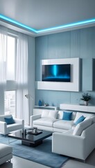 Fototapeta premium High end modern living room with white leather couch and a large flat screen tv mounted on the wall, brutalist architecture mixed with modern futuristic minimal design