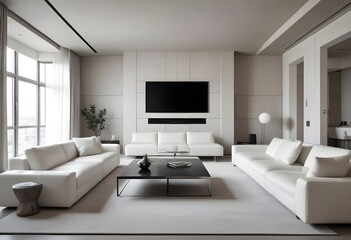 Fototapeta premium High end modern living room with white leather couch and a large flat screen tv mounted on the wall, brutalist architecture mixed with modern futuristic minimal design