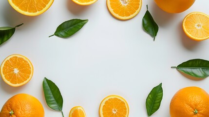 Arranged Border Frame of Freshly Cut Bright Orange Citrus Fruits with Green Leaves on White Background