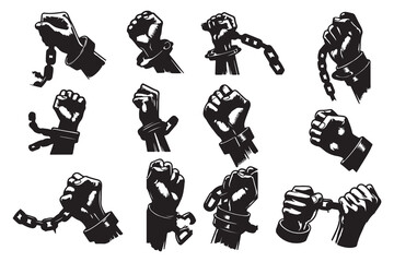 Set of silhouettes of Hands tearing shackles Isolated on a white background doodle art